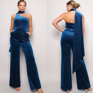 FEW LEFT "Live in The Moment" Teal Velvet Glitter Scarf Jumpsuit